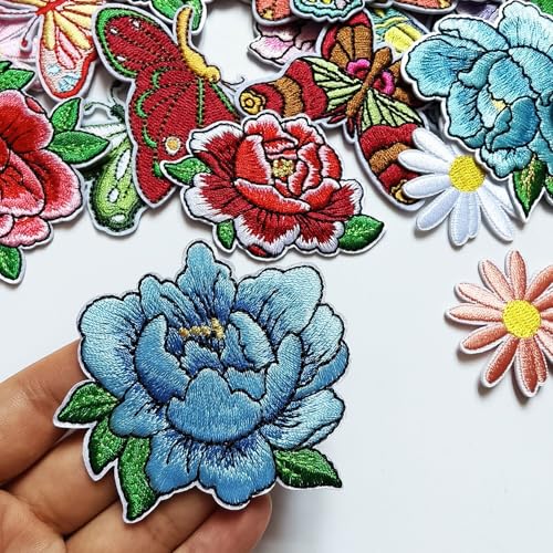 39Pcs Embroidered Iron On Patches, Butterfly Peony Daisy Iron on Patches Set, Colorful Applique Patches for Clothes Jackets Jeans Backpacks - color: Butterfly Peony Daisy