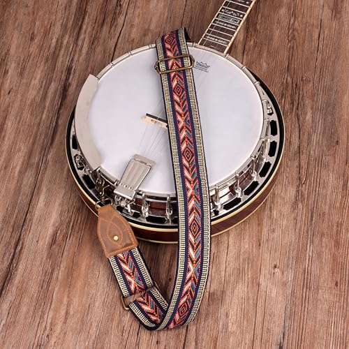 Nefelibata Banjo Strap,2"Wide Double Crazy Horse Leather Jacquard Embroidery Strap Adjustable Replacement,Multi-pattern Strap With Metal Clips - color: A#-ethnic Style Embroidery Orange
