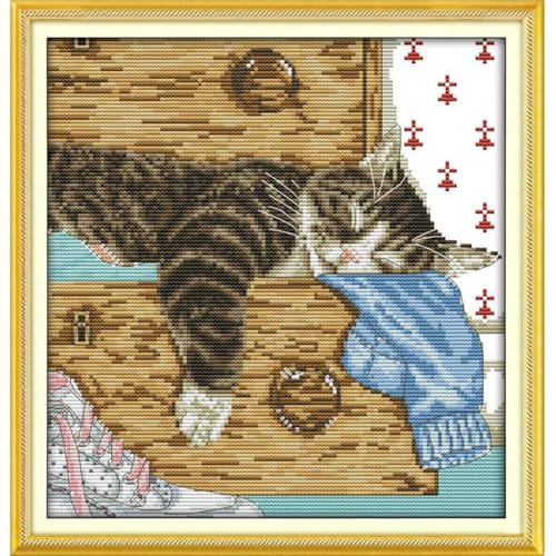 JOYSEWING Sleeping Cat Stamped Cross Stitch Kits,Animals Counted Cross-Stitch Needlepoint Kits for Beginners,Embroidery Kit Arts and Crafts Home Decor (Lovely Lazy cat(11CT) 14.96 ×15.35 inch) - color: Lovely lazy cat(11CT) 14.96 ×15.35 inch