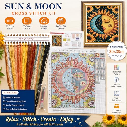 WYBQFDJ Sunflower Sun & Moon Beginner Cross Stitch Kit, 11.8 x 15 in