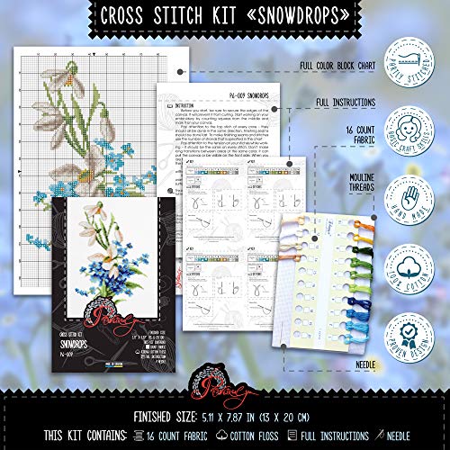 Povitrulya Spring Flowers Cross Stitch Kit “Snowdrops” | Embroidery Set with White Floral Pattern and 16 Count Aida Fabric - color: Snowdrops