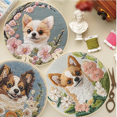 HCANPER Cute Dog Embroidery Starter Kit,DIY Needle Punch Kit, Punch Needle Kits for Beginners,Include Pre-Printed Fabric,Tools,Embroidery Hoop,Threads,Easy for Adults and Children. (Brown) - color: Brown