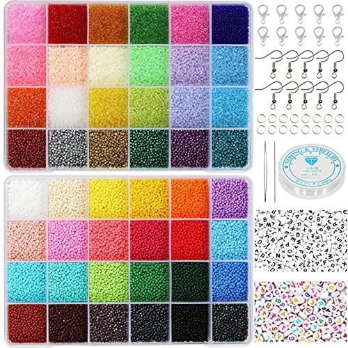 48000-Piece 2mm Seed Beads & Alphabet Beads Kit – 12/0 Ultra-Fine Jewelry Making Supplies, Including Elastic String, Earring Hooks & Clasps – All-in-One DIY Craft Set for Bracelets & Necklaces - size: 2mm