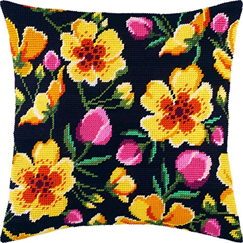 Brvsk Floral Stamped Cross-Stitch Kit for Adults and Beginners — Hedge of Flowers 16″ × 16″ with Clear, Precise Printed Design on Cotton Canvas; Includes 2 Needles, Yarn, and Easy-Read Chart - color: Hedge of Flowers
