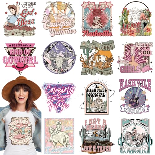 Dazoratix Western Cowgirl Transfer Stickers - 16 PCs Wild West Cow Girl Iron on Transfers Ready to Press Appliques Patches for Women T-Shirt Jeans Hat Jackets Clothing DIY Decals Clothes Decorations - style: Western Cowgirl-16PCs
