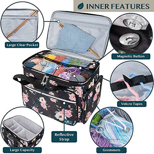 PAVILIA Knitting Yarn Storage Bag Crochet Knitter Organizer, Floral Black - color: Soft Rose