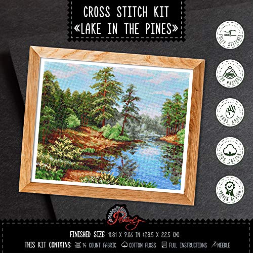 Lake Amid Pines - Counted Cross Stitch Kit with Forest Landscape Pattern - color: Lake in the Pines
