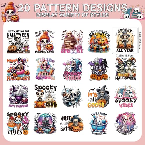 Halloween Skull Iron on Transfers - 20Pcs Dtf Transfers Ready to Press, Spooky Season Skeleton Iron on Decals Patches for Tshirts, Halloween Pumpkin Heat Stickers for DIY Jeans Hoodies - color: Halloween Skull951