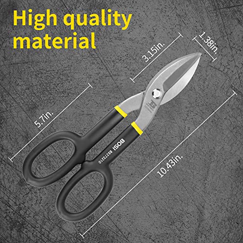 10 Inch Straight Pattern Tin Snips Metal Cutters, High Strength Forged and Heat Treated Carbon Steel with Comfortable Black Rubber Handle - size: 10 Inch