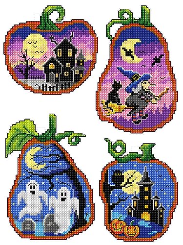 Counted Cross-Stitch Kit on Plastic Canvas with Halloween Scenes. 4 Lovely Ornaments Different Dimensions 147CS. 14 Count Plastic Canvas Sheets. Perfect for Art & Craft Amateurs - color: Halloween Scenes