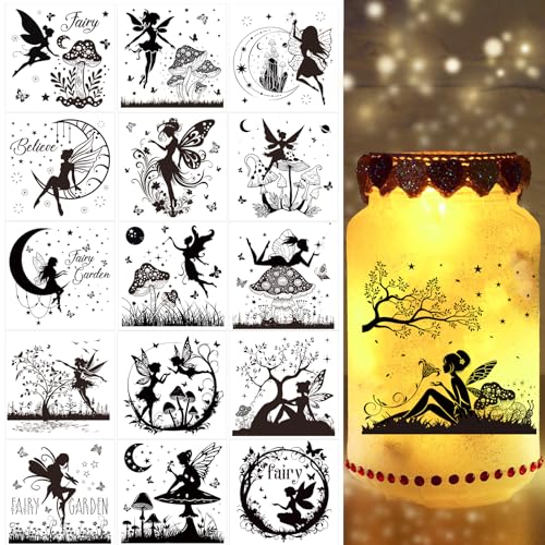 Fairy Silhouettes Rub on Transfers for Crafts - Wxiben 16 Sheets Mushroom Rub on Transfers for Furniture Butterfly Moon Fairy Rub on Transfer Decal Stickers for Wood DIY Craft Office Home Decor - style: Fairy Silhouettes