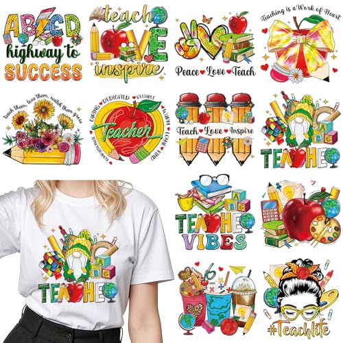 Dazoratix Teacher's Day Transfer Stickers - 12 Sheets Teachers Iron on Transfers Ready to Press Heat Patches Vinyl DTF Decals for T Shirts Clothes DIY Crafts Clothing Bag Appliques Pillow Decorations - style: Teacher-Cute