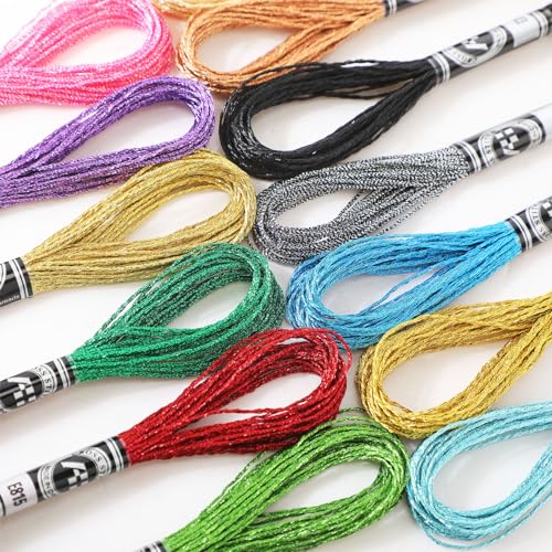 Coume 57 Skeins Metallic Embroidery Floss 499 Yards 19 Colors Embroidery Skein Threads Multicolor Glitter Thread
