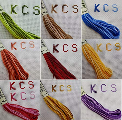 KCS 9 skeins 6-Strand Cross Stitch Variegated Cotton Embroidery Floss + 1 Skein Pearl Shiny Metallic Thread (B)