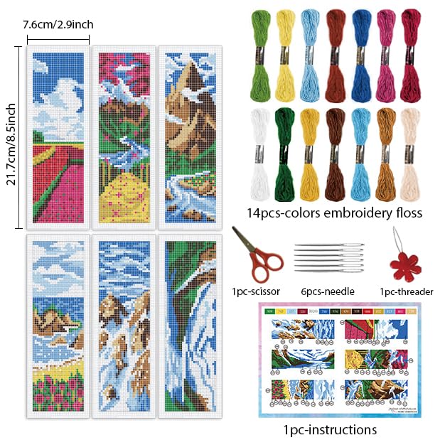 INFUNLY 6pcs Natural Scenery Cross Stitch Bookmark Kits Mountain Embroidery Bookmark Kit with Instructions Lakes Sky Handmade Cross Stitch Set Pre-Printed Flowers DIY Bookmark-Kits for Book Lovers - style: Natural Scenery