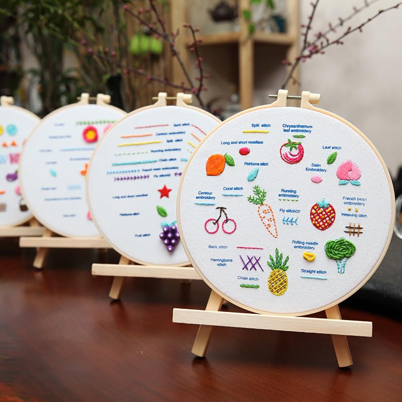 Mozzyyee 4 Sets Embroidery Starter Kit for Beginners Adults Include 4 Embroidery Clothes with Instructions Hoops Floss Thread Fabric Needles (Rainbow) - color: Rainbow