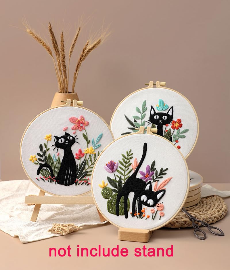 Konrisa 3pcs Embroidery Kits for Beginners Creative Black Cat and Flower Pattern Cross Stitch Practice Kit DIY Sewing Needlepoint, Include 1pcs Hoop - color: black cats