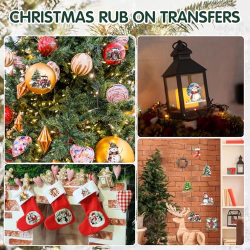 ZMRU 24 Sheets Vintage Christmas Rub On Transfers for Crafts, Rub On Transfers Christmas for Wood，Furniture Decals, Glass, Porcelain, Leather, Canvas, Fabric Projects,3 * 3inch(Cute Christmas) - color: Cute Christmas