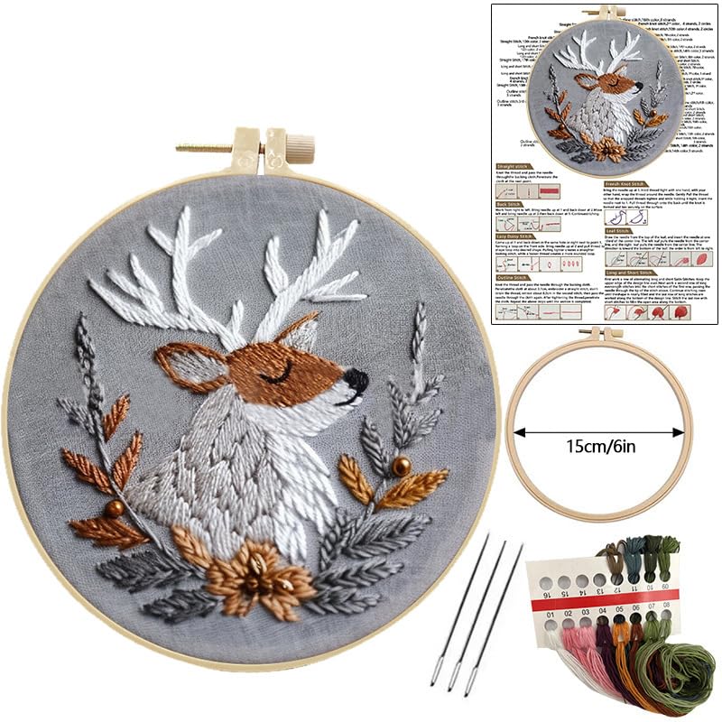 LB Christmas Gnome Embroidery Kit for Beginners: 4-Piece Cross Stitch Set with Penguin, Deer, Green Plant & Fireplace | Adults DIY Starter Kit Includes Hoop, Threads, Tools and Instructions - color: Grey