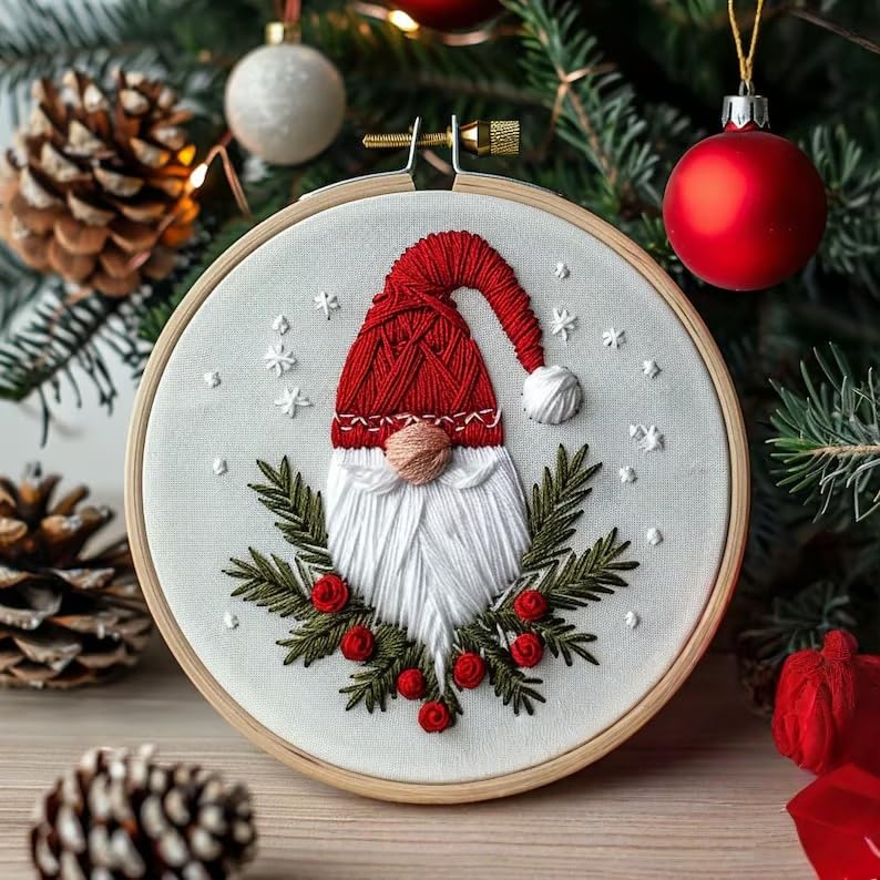 Christmas Embroidery Kit DIY Hand Embroidery Starter Cross Stitch Kits, Christmas Ornaments Embroidery with Stamped Pattern,Cotton,Threads,Needles,Instructions for Adults Beginners (Gnome 1) - color: Gnome 1