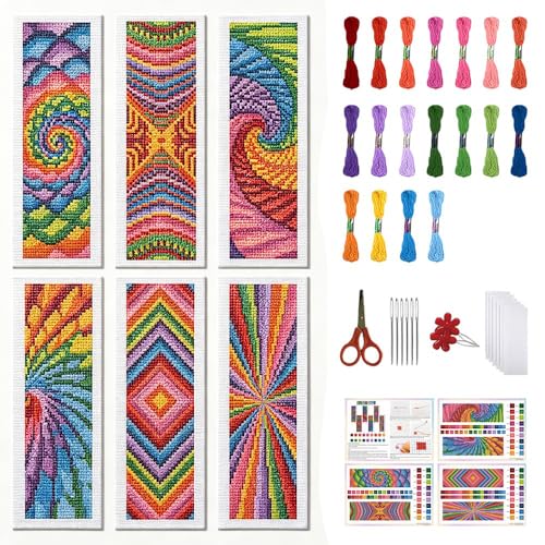 FREEBLOSS 6 Set Cross Stitch Bookmark Kits Radial Pattern 8x2.4'' 11CT - style: Radiant flowers