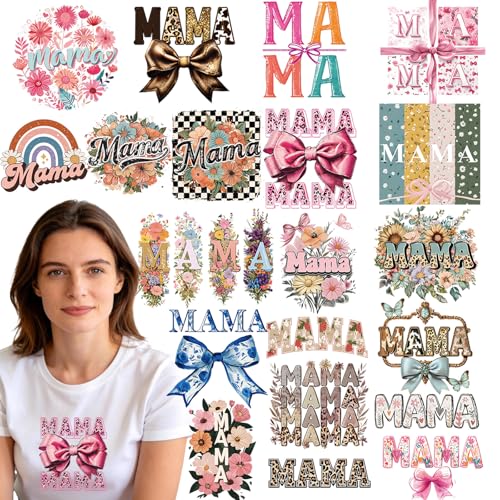Dazoratix Mama Iron on Transfers - 20 Sheets Mother's Day Bow DTF Ready to Press Heat Patches Bulk Cute Floral Stickers Vinyl Decals Women T Shirts Clothing Pillow Bag Hat Gifts DIY Crafts Decorations - style: Mama Bow