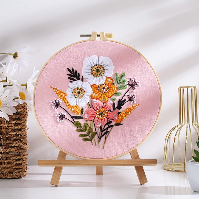 Qupace 3 Pcs Flowers Plants Embroidery Kits for Beginners Adults,Cross Stitch Sewing Craft Set, 3 Embroidery Hoops,3 Finished Stands, Floral Needlework Kit - color: Pink