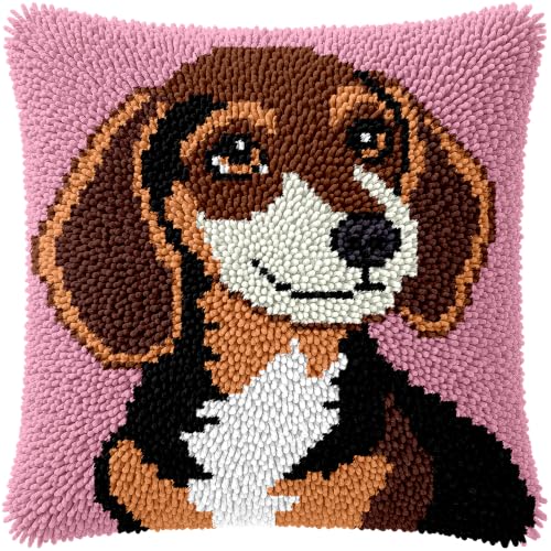 veirousa Dachshund Puppy Latch Hook Kits for Adults Kids, Beginners DIY Throw Pillow Kit Pre-Printed Mesh Canvas Hook and Latch Rug Kits Cross-Stitch Cushion Cover for Home Sofa Decoration 17x17 in. - color: Dachshund