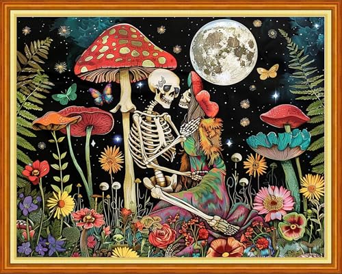 Magxvouy Cross Stitch Kits Stamped Full Range of Embroidery Kits,Cross Stitch Patterns Needlework Kits for Beginners 11CT Printed Kits&Skeleton Couple Mushroom 16x20 inch - color: Artcolor22
