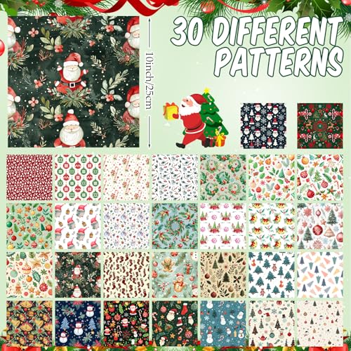 Tatuo 30 Pcs Christmas Cotton Fabric 10x10 Inch Floral Quilting Squares - style: Cute Christmas