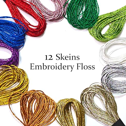 12 Skeins Metallic Embroidery Floss, Multi-Purpose Cross Stitch Thread