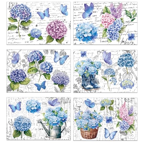 6 Sheets Vintage Floral Rub on Transfers, Blue Blooming Hydrangeas Rub on Transfer for Crafts and Furniture, Flowers Butterflies Stickers Decal for DIY Wood Furniture Wall Office Decor 11.8 x 7.9 Inch