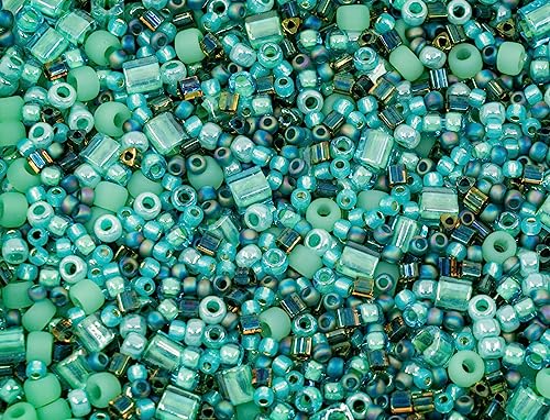 0.35oz (10g) Mix of Small Rocailles, Seed Beads & Bugles 2-10mm TOHO Japanese Glass Beads, Mix TOHO Turquoise (Like 3203 - Take-Seafoam/Green) - color: Turquoise Seafoam Mix - Mixed (2-10mm)