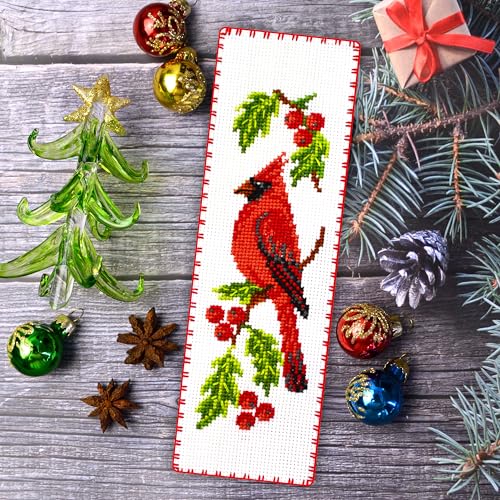 Povitrulya Cardinal - Counted Cross Stitch Bookmark Kit - DIY Embroidery Set - Hand Made Gift for Adultss with a Redbird Sitting on a Christmas Mistletoe - color: Cardinal