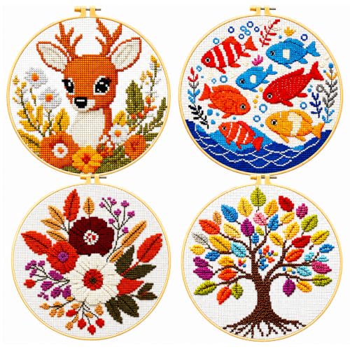 Zhenqing 4 Pack Nature Stamped Cross Stitch Kit for Adults and Beginners, 11CT Printed Fabric Deer Tree Fish Flower Patterns with Hoop, Threads, Needles, Scissors, Threader, Guide - color: Deer Tree Fish Flower