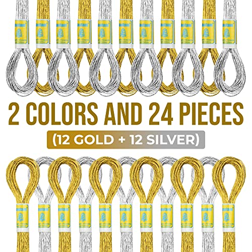 Metallic Embroidery Thread, 12 Gold and 12 Silver Cotton Skeins - color: Gold-Silver Floss