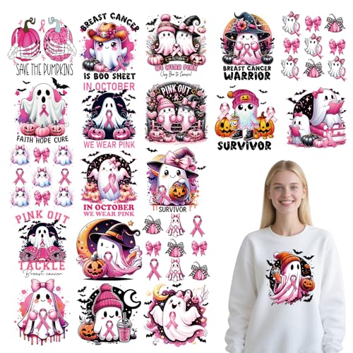 Dtf Transfers Ready to Press - 20 Pcs Breast Cancer Awareness Iron on Patches for T-shirts, Pink Ribbon Cute Ghost October Heat Transfer Design Vinyl Stickers, Iron on Decals for DIY Clothes - color: Breast Cancer Awareness