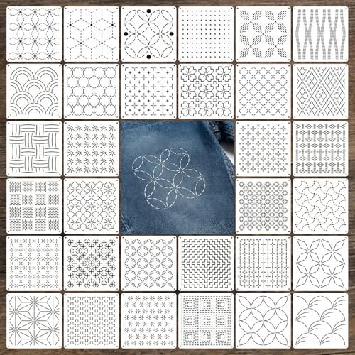 70 Pcs Sashiko Stencil Kit Plastic Sashiko Embroidery with Threads