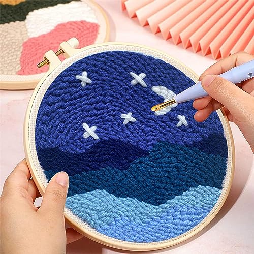 Allazone Punch Needle Embroidery Starter Kits, Pattern Punch Needle Kits Threader Fabric Embroidery, Punch Needle with Adjustable Embroidery Pen for Adults Kids Beginner (Moonlight & Lakeside) - color: Moonlight & Lakeside