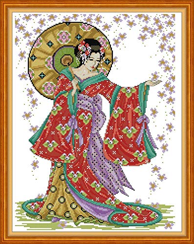 CaptainCrafts Cross Stitch Kits, New Counted Kit Unprinted 14CT Fabric Cross Stitching DIY Art DMC Needlecrafts Embroidery Kit for Adults Beginner (White, Rain Flower Red Kimono Woman) - color: Rain Flower Red Kimono Woman, style: White