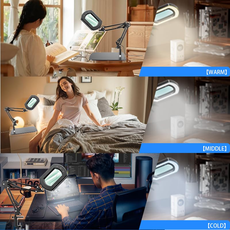 Magnifying Glass with Light and Stand, 15X Hands Free Lighted Magnifying Lamp with 5 Color Modes and Swing Arm, Dimmable LED Desk Magnifier for Crafts, Sewing, Reading, Jewelry, Soldering, Seniors