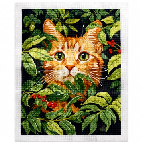 Zhenqing Orange Cat Stamped Cross Stitch Kit for Beginners, 11CT Printed Full Coverage Ginger Kitten in Green Leaves Pattern, 28 x 38 cm DIY Animal Embroidery Needlework Set, No Hoop Needed - color: Hidden Garden Cat