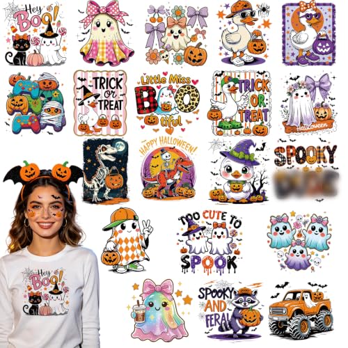 Dazoratix Halloween Iron on Transfers - 20 Sheets Funny Ghost DTF Ready to Press Cute Boo Heat Patches Spooky Pumpkin Stickers Vinyl Decal for T Shirts Clothes Hoodies Pillow Bag DIY Crafts Decoration - style: Halloween