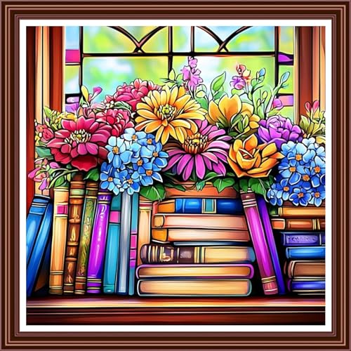 Dimensean Counted Cross Stitch Kit for Beginners, 11CT Unprinted Cross-Stitch Kit Easy Patterns Needlepoint Kit Cross Stitching Embroidery Kit Supplies-Flower Books 18x18 inch - color: ColorDIY38