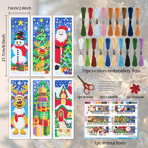 INFUNLY 6PCS Christmas Cross Stitch Bookmark Kit for Adults Xmas Tree Cross Stitch Kits DIY Crossstitch Kits Snowman Deer Stamped Embroidery Bookmark Kit with Instructions for Book Lovers Readers - style: Christmas Elements