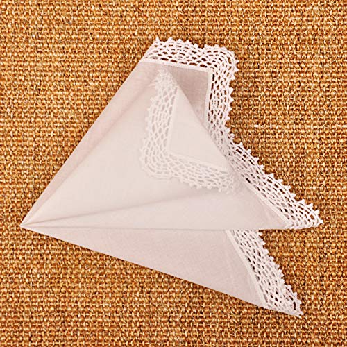 Milesky White Wedding Handkerchief Pure Cotton, Soft Ladies Hanky with Crochet Lace - color: Ch01