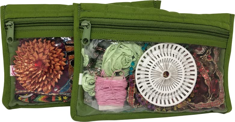 Yazzii Sewing Notions Pouch Set (2PC) - Portable & Multipurpose - Sewing Supplies Organizer for Thread Spools, Needles, Beads, Embroidery Floss, Fabric Pieces & More!-Green - color: Green, size: 8" x 5.25"