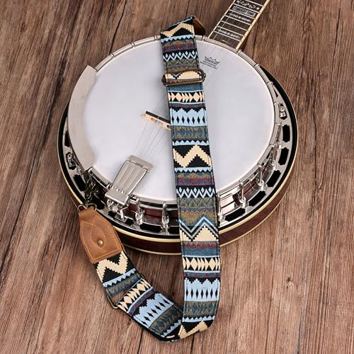 Nefelibata Banjo Strap,2"Wide Double Crazy Horse Leather Jacquard Embroidery Strap Adjustable Replacement,Multi-pattern Strap With Metal Clips - color: A#-Ethnic Green-01