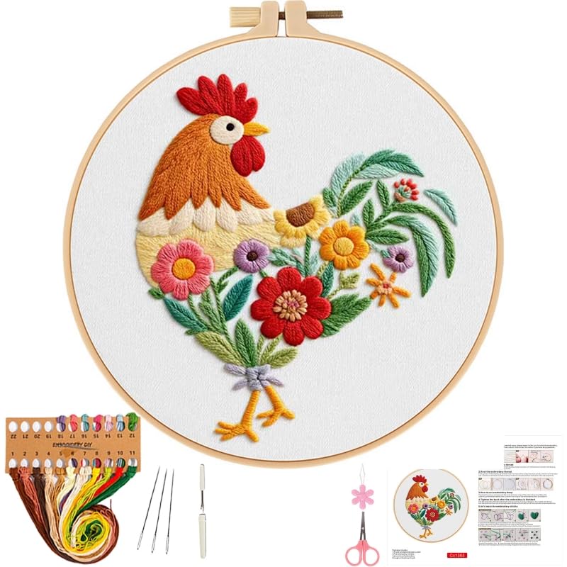 Herdiese Embroidery Kit for Beginners & Adults, Rooster Flower Cross Stitch - color: Rooster
