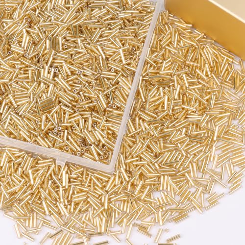 4000 Pcs Gold Glass Bugle Beads, 2 x 7 mm Embroidery Beads, Small Long Tube Seed Beads for Embroidery Craft Jewelry Making - color: Gold